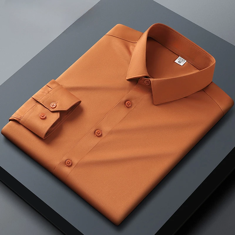 Long sleeved shirt for men's business casual orange non ironing wrinkle resistant elastic solid color men's shirt new style