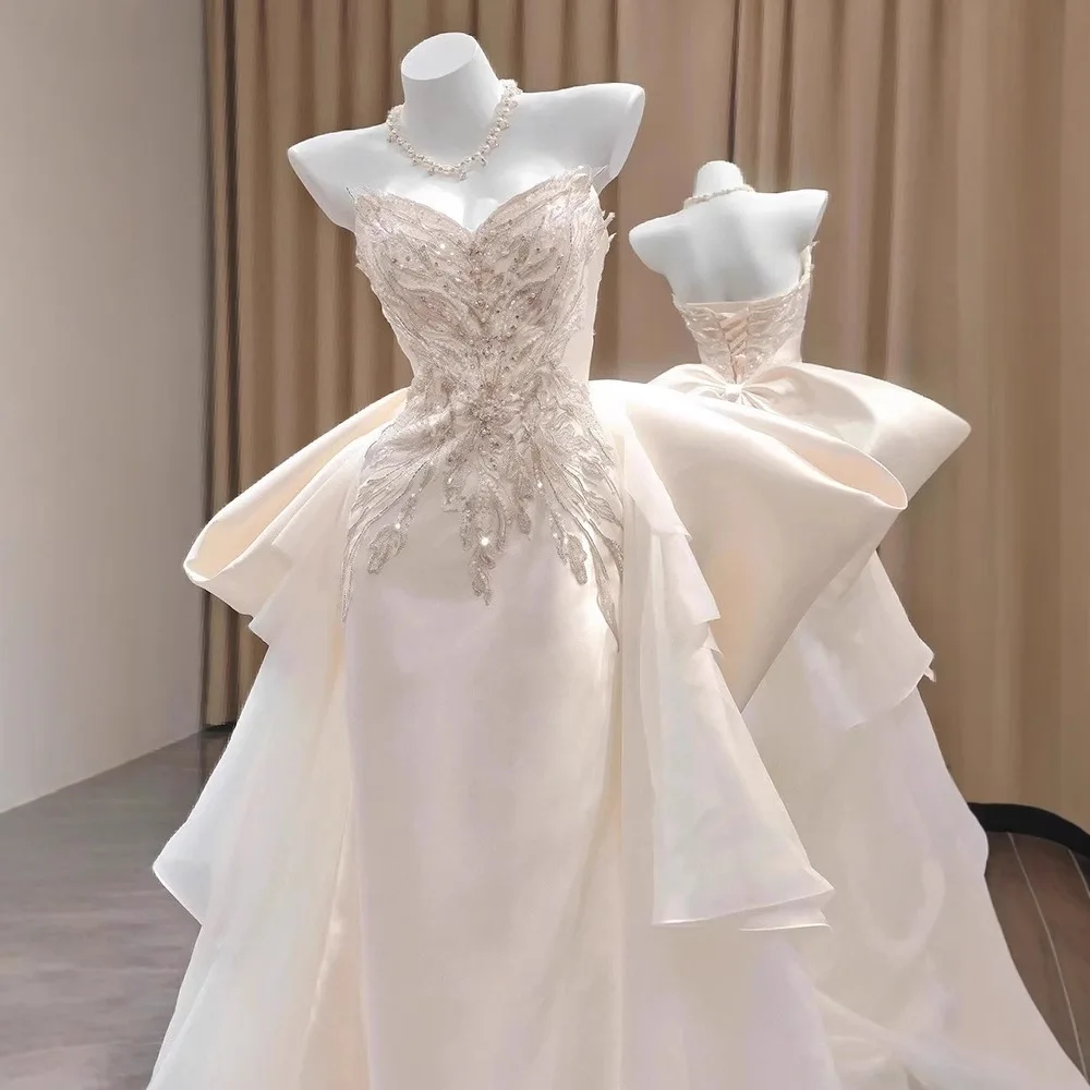 

Ele Satin Fi Tail Bridal Gown Heavy Embroidery Strapl Wedding Dr for Engagement Dinner Par Outing