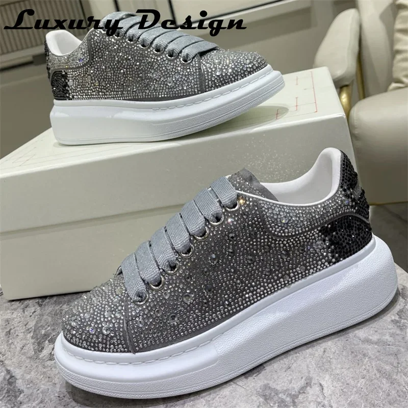 Luxury Rhinestone Sneakers Men Platform Casual Shoes Round Toe Lace-up Walking Shoes Woman Solid Color Crystal Designer Sneakers