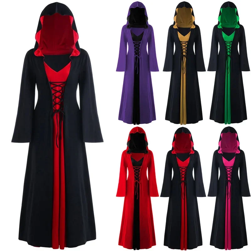 Vestido Medieval para mujer con cordones Vintage capa con capucha bata disfraz de adulto Retro Cosplay Halloween vestido largo de bruja vampiro aterrador