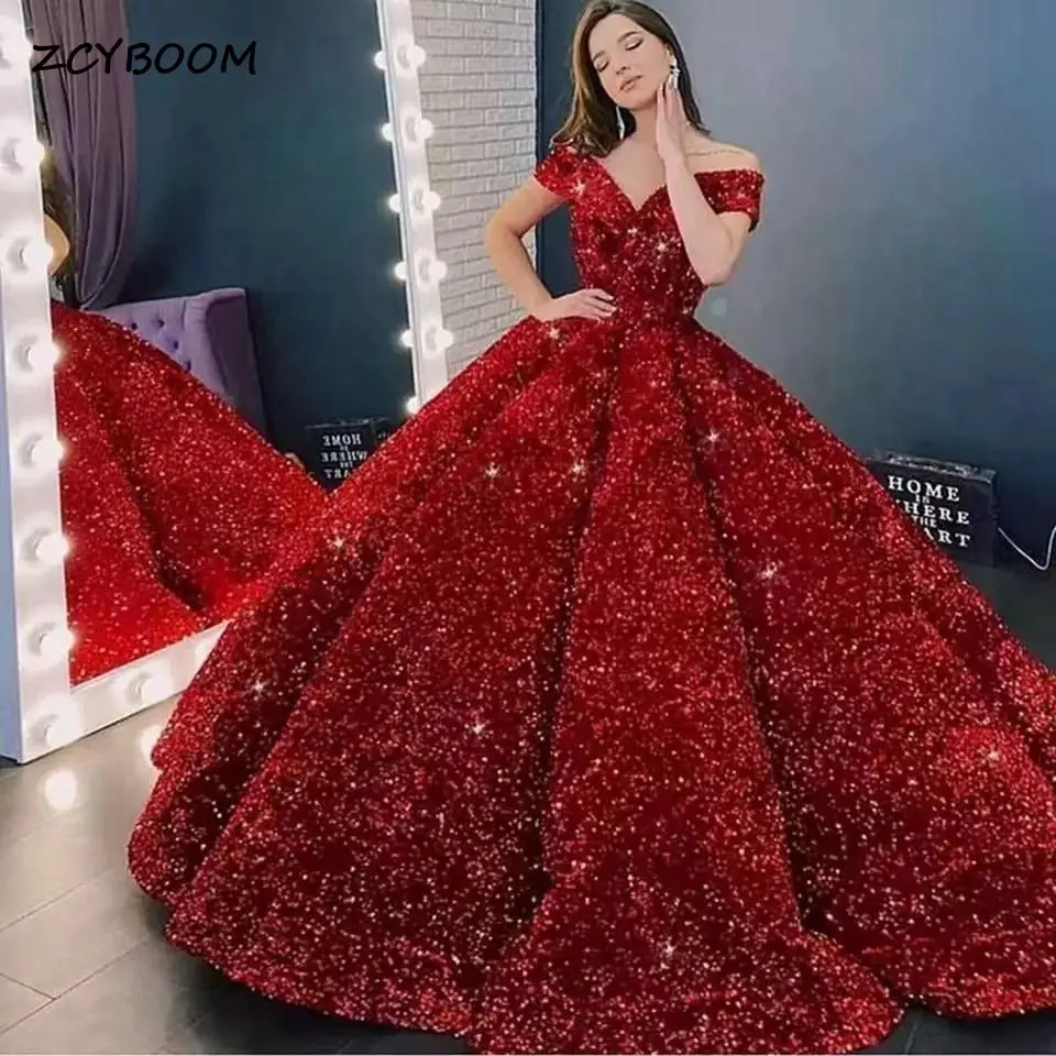 Luxury Sparkly Red Ball Gown Quinceanera Dresses 2023 Off Shoulder Shiny Sequined Sweetheart Party Prom Gown Vestidos De 15 Años