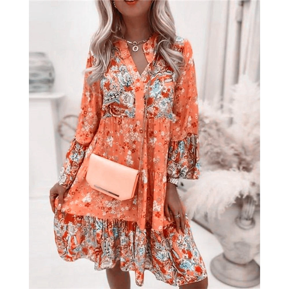 

Summer Women Floral Print Ruffle Hem Layered Midi Party Dress Femme V neck Long Sleeve Casual Dress Elegant Outfits Vestido