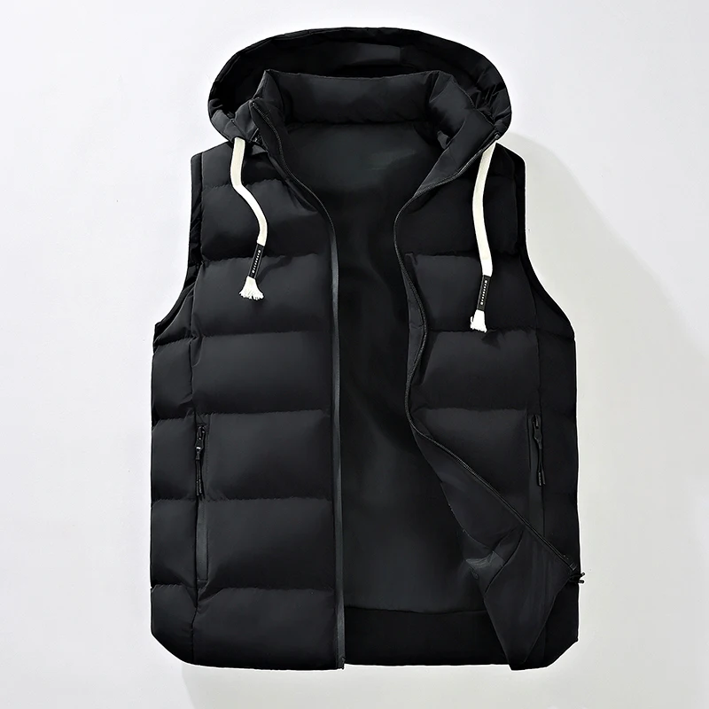 Gilet imbottito con cappuccio da uomo oversize - Cappuccio con coulisse con logo ricamato, orlo a costine, caldo e alla moda per lo stile di strada della stagione fredda