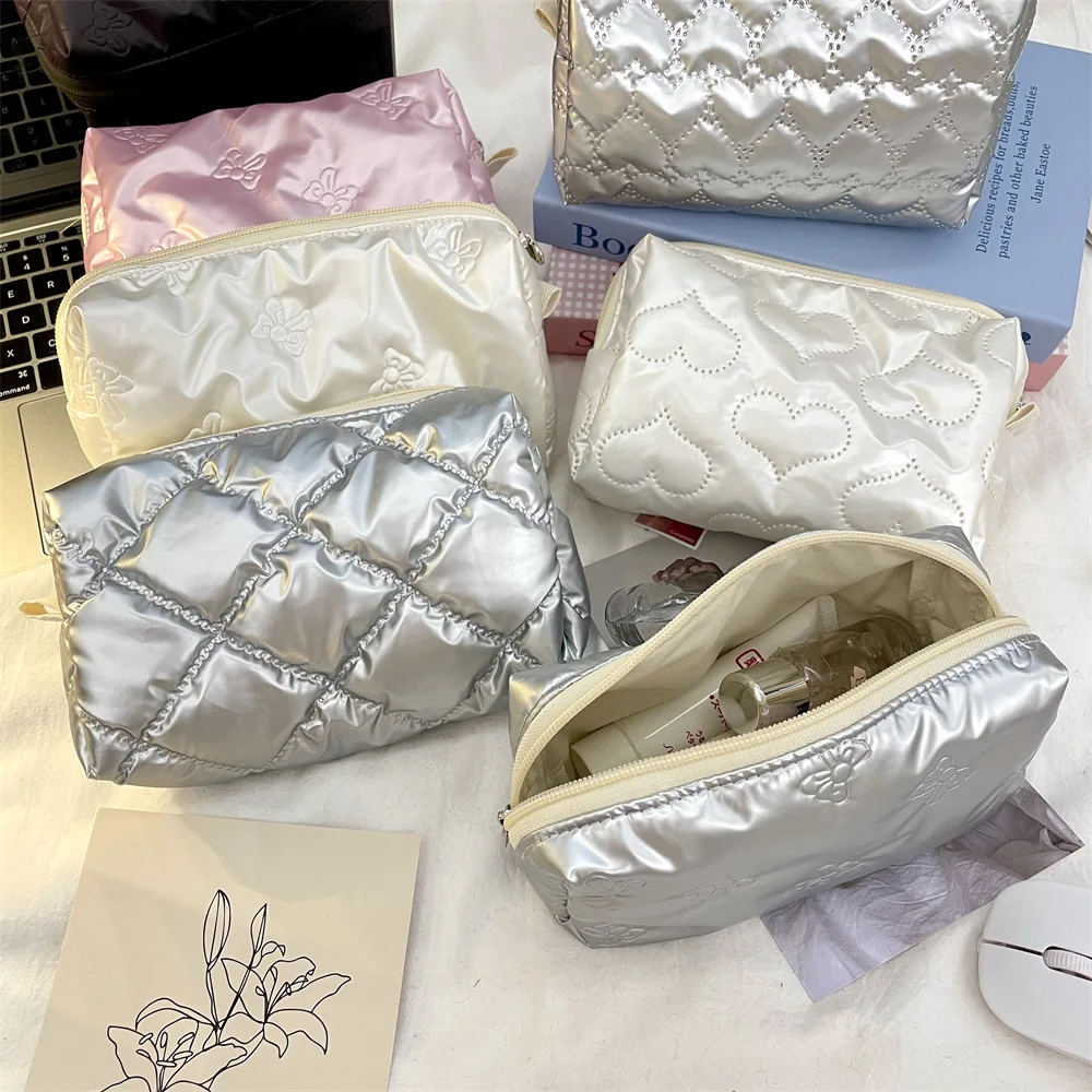 Silver Korean Quilted PU Love Bow Cosmetic Bag Skincare Products Pouch Inner Pocket Multi-function Makeup Lipstick Storage Bag H
