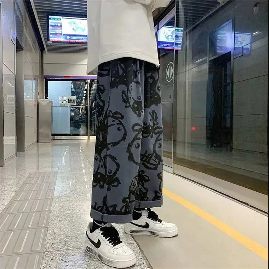 Casual Pants Women Spring Summer Loose Wide Leg Elastic High Waist Loose Straight Trouser Cartoon Print Pants