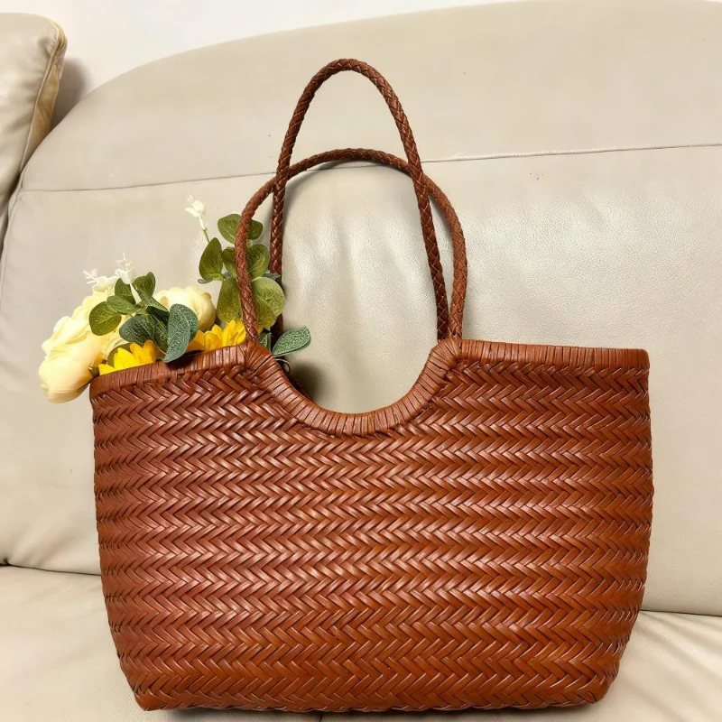 Bolso de mano tejido a mano de marca, bolso grande de cesta de verduras de cuero genuino francés con bolsillo interior tejido, bolso de mano para hombro y axila