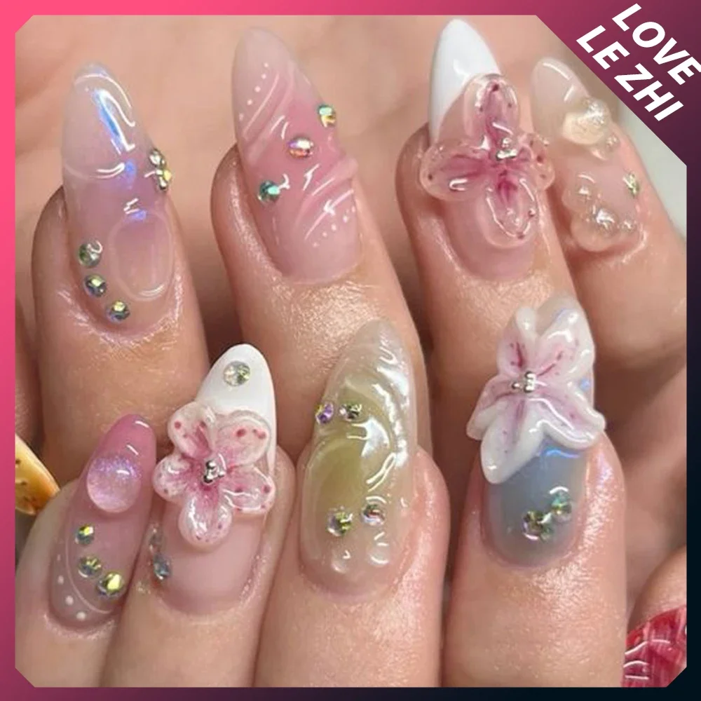 Handmade Press On Nails Y2K 3D French Almond Flowers Full Cover Bow Design Anime Peripherals Fake Nails Manicure Nail for Women