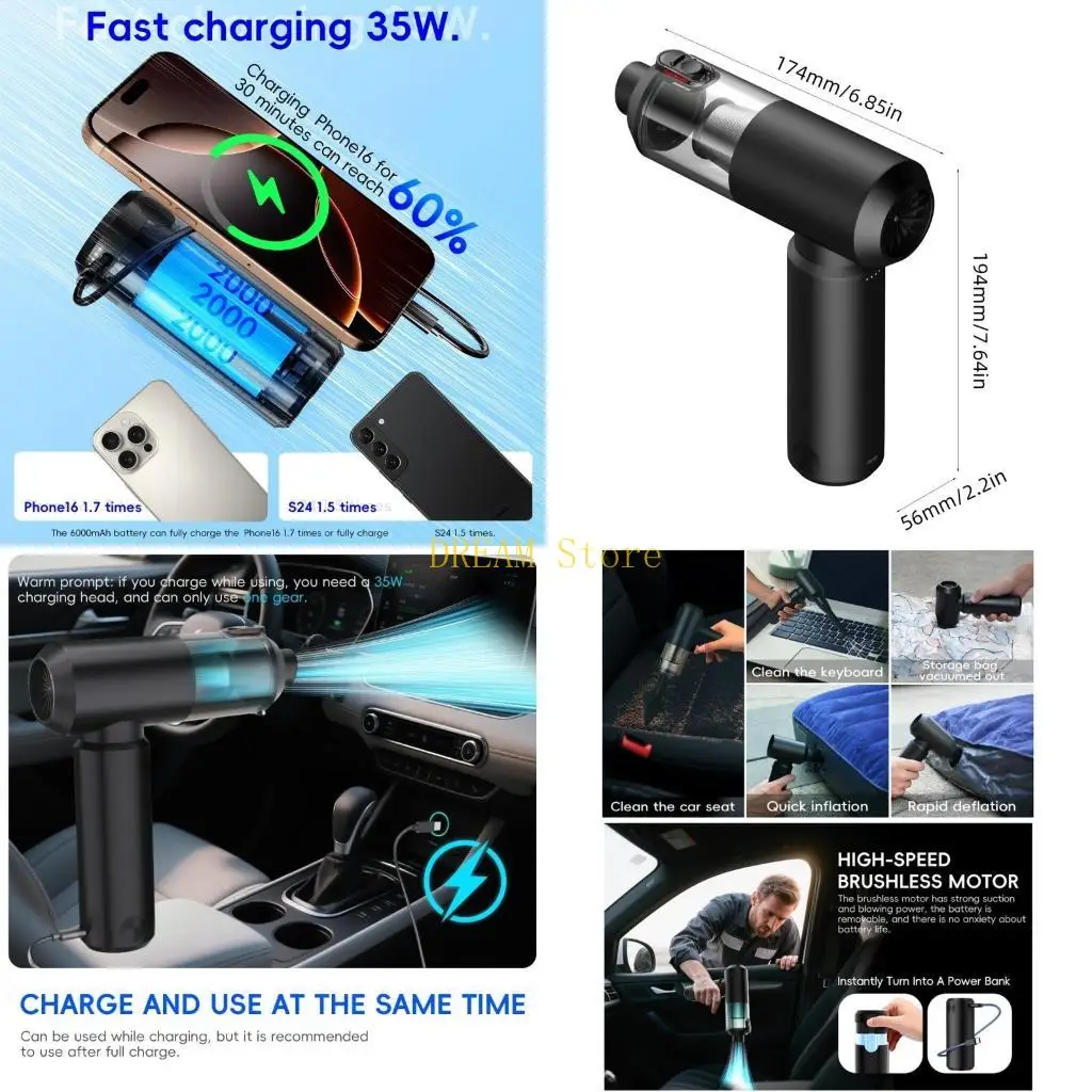 

Беспроводной автомобильный пылесос с двумя источниками питания, 78000 об/мин, дизайн, аккумулятор 6000 мАч для домашнего офиса,