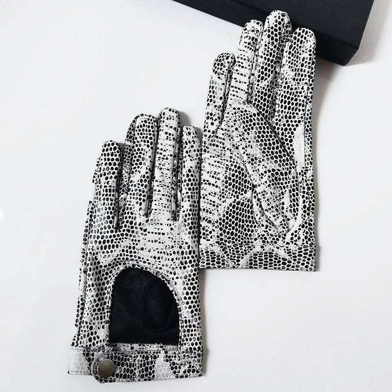 Real Leather Touchscreen Gloves Female 19cm Pure Sheepskin Fashion White Snakeskin Printed Wrist Button Women Gloves