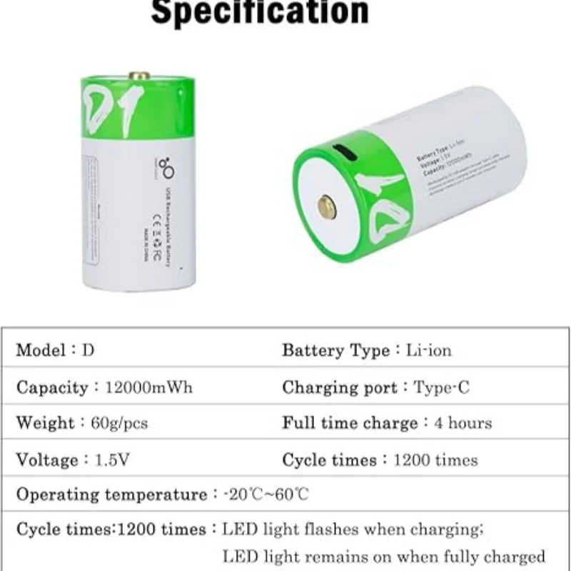 1.2V NiMH D Size Rechargeable Batteries High Capacity D Cell Battery Long Lasting Replacement Battery for Flashlights Toys Radio