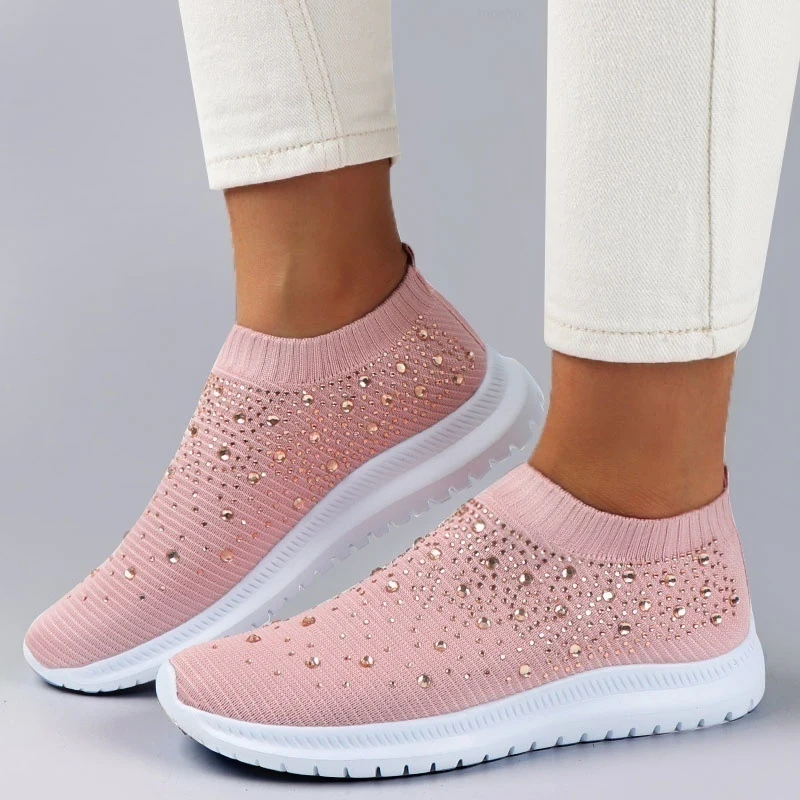 New Women Ankle Shoes Ladies Bling Flats Woman Fashion Loafers Crystal Womens Sneakers Casual Slip on Mesh Tennis Shoes