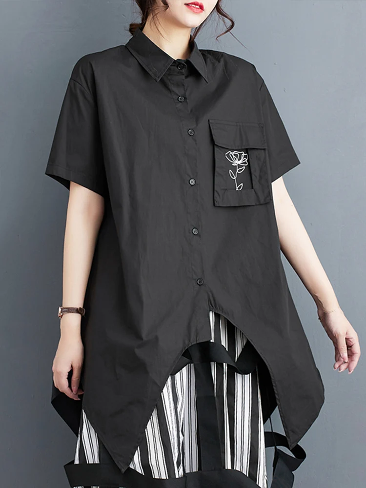 Irregular Black Vintage Print Oversized Shirt Women Short Sleeve Pocket Loose Casual Blouse Top Fashion Clothing New Summer 2024