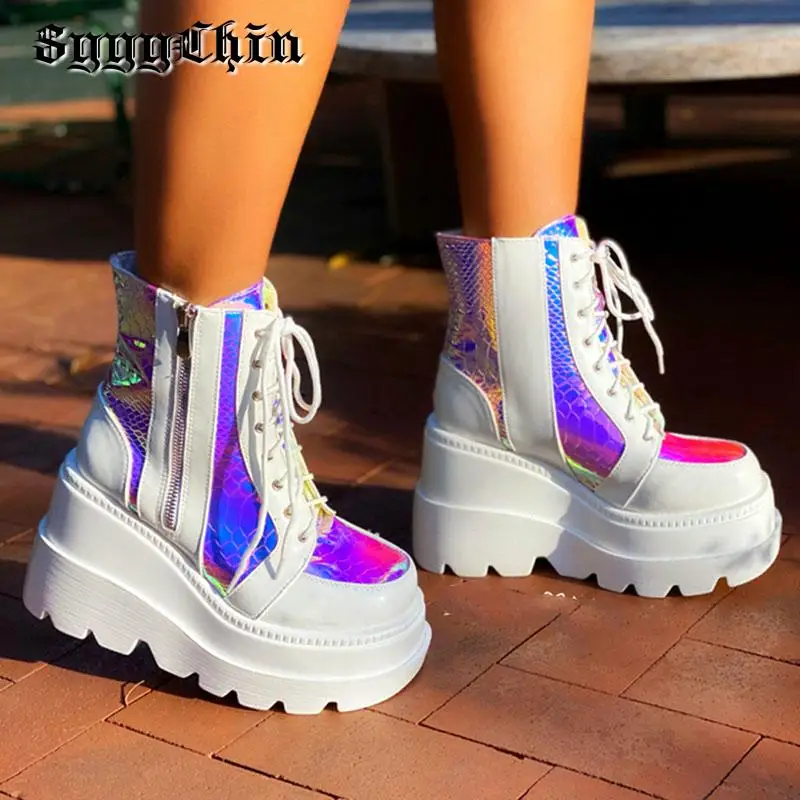 Women Ankle Boots Zip Laser Flat Chunky Heel Wedge Platform Female Pumps Ladies Round Toe Lolita Punk Cool Girl Harajuku Shoes