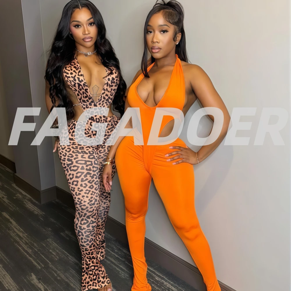 

FAGADOER Sexy Leopard Print Bodycon 2 Pieces Set for Woman Deep V-neck Hollow Out Playsuits and Pants Outfits Female Streetwear