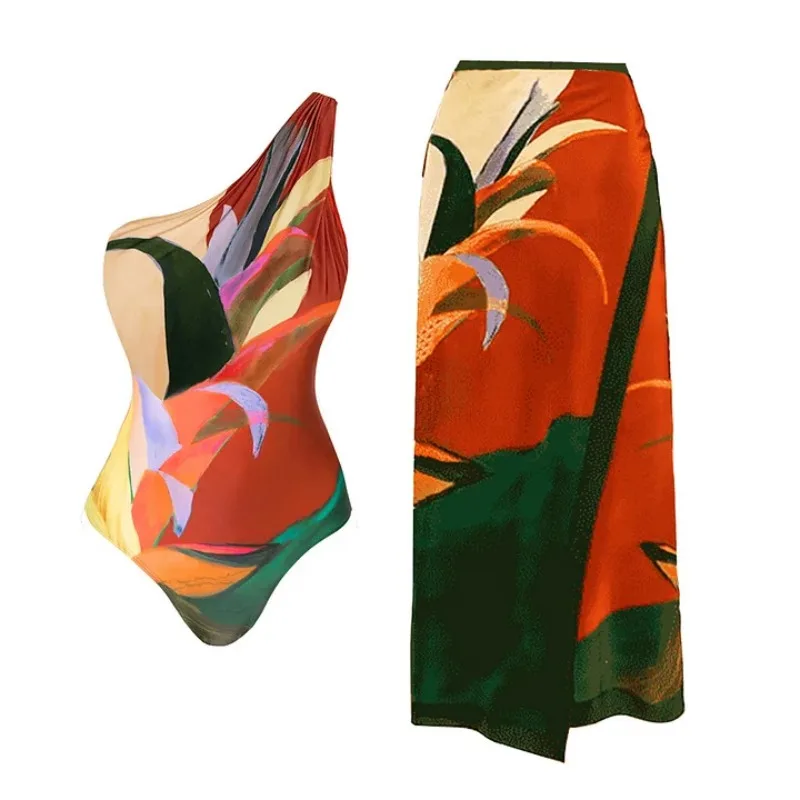 One Piece Swimsuit For Women European And American Swimwear Shoulder Print One-piece Swimsuit Vacation Suit Women