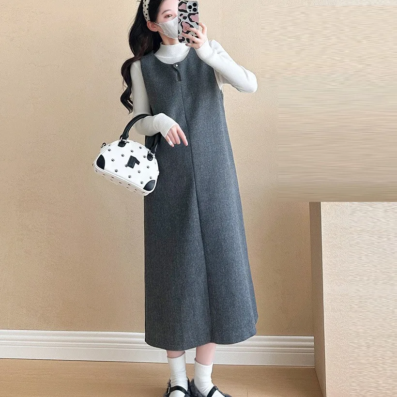 Vestido sin mangas de otoño para Mujer, ropa de calle Harajuku sencilla y lisa, Vestidos de punto holgados e informales para Mujer, camisetas sin mangas elegantes