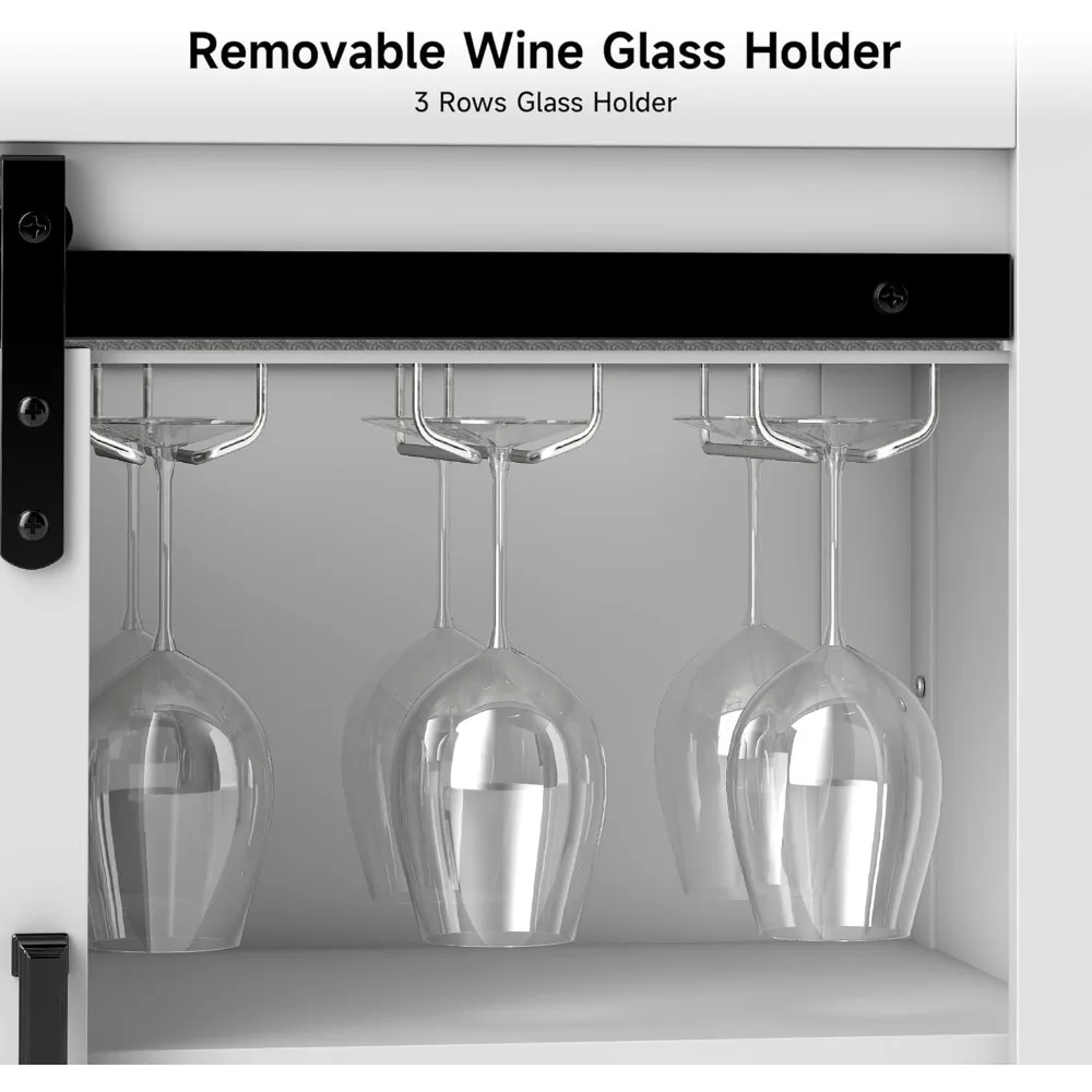 بوفيه خزانة جانبية ريفية مع مساحة تخزين وحامل كأس للنبيذ وباب حظيرة منزلق