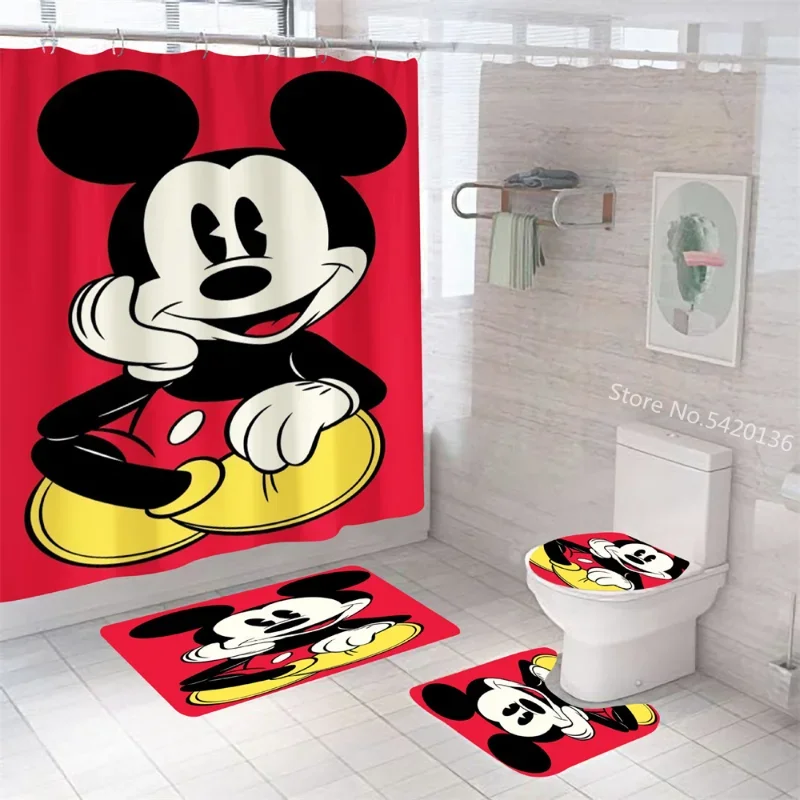 Disney Mickey Minnie Mouse Shower Curtain Carpet Black And White Toilet Cover Bath Mat Rug Pad Set Bathroom