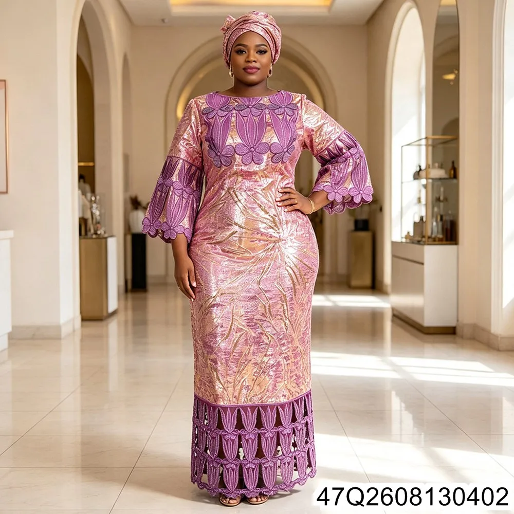 2026 African Plate-size Dress, Headscarf, Rhinestone and Diamond Women's Autumn New Collection, Jacquard Fabric Robe 47Q26081304