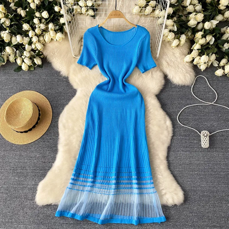 EWQ Fashion Kniting Mesh Dress For Women Round Neck Short Sleeves Gathered Waist Slim Casual Dresses 2024 Summer New 27C728