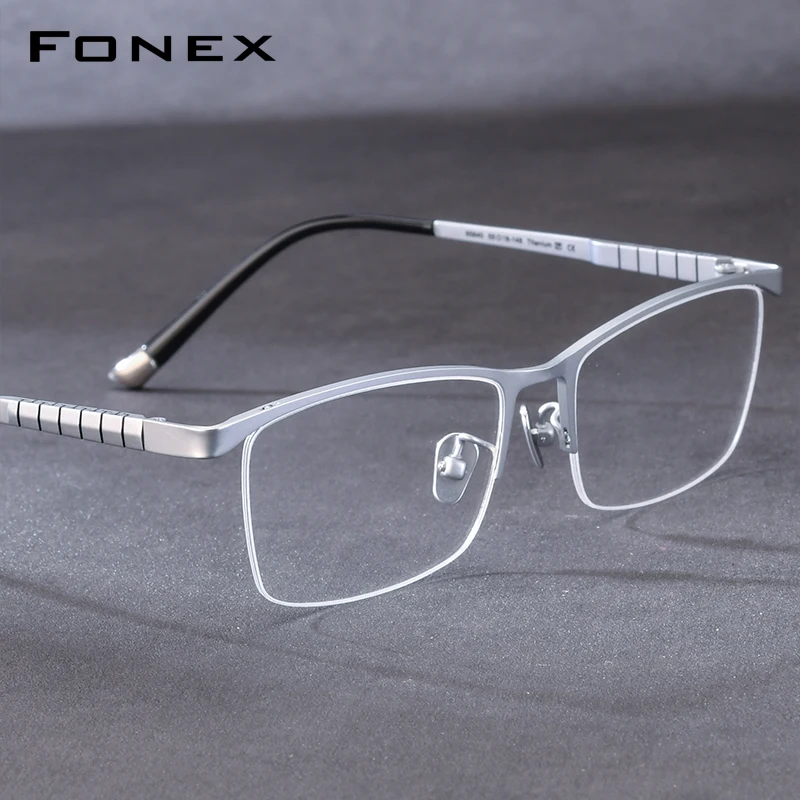 FONEX Pure Titanium Eyeglasses Frame Men Brand Design Square Glasses Half-Rim Semi-Rimless Japanese Ultralight Eyewear 85640