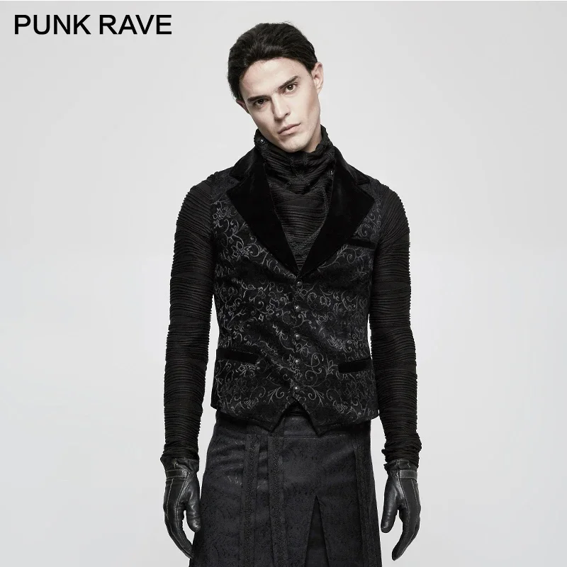 

PUNK RAVE Steampunk Vintage Jacquard Vest Coffee Black Party Men Slim-fitting Bodycon Embroidery Waistcoat Gothic Adjustable