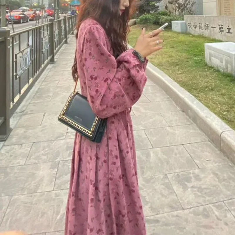 Autumn New Corduroy Floral Dress Looks Slim High Waisted Drawstring Sweet Elegant Printed Round Neck Loose Long Sleeved Dresses