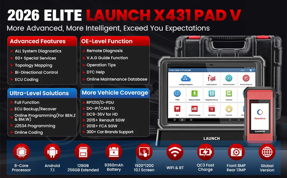 LAUNCH X431 PAD V Elite ECU-Codierungs-Scan-Tool, Topologiekarte, Vollsystem-Diagnosescanner, Vollständige bidirektionale Steuerung & 60+ Reset-Funktionen – Detail 1