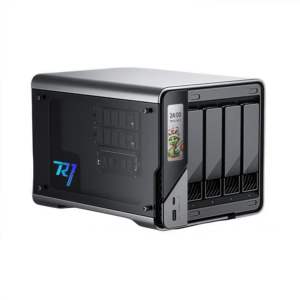 TLF NEW Touch Screen N100 Home Mini NAS PC Quad Core 8GB DDR5 Docker Dual Lan 4 Bay SATA HDD NVMe SSD Storage