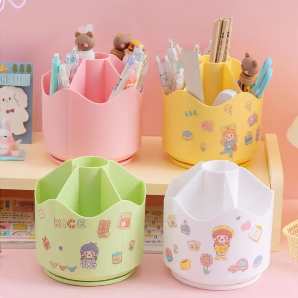 Stationery Organizer 360° Rotating Pen Holder Multi-slot Solid Color Pen Stand Round Box Anti-deformed Storage Holder Student