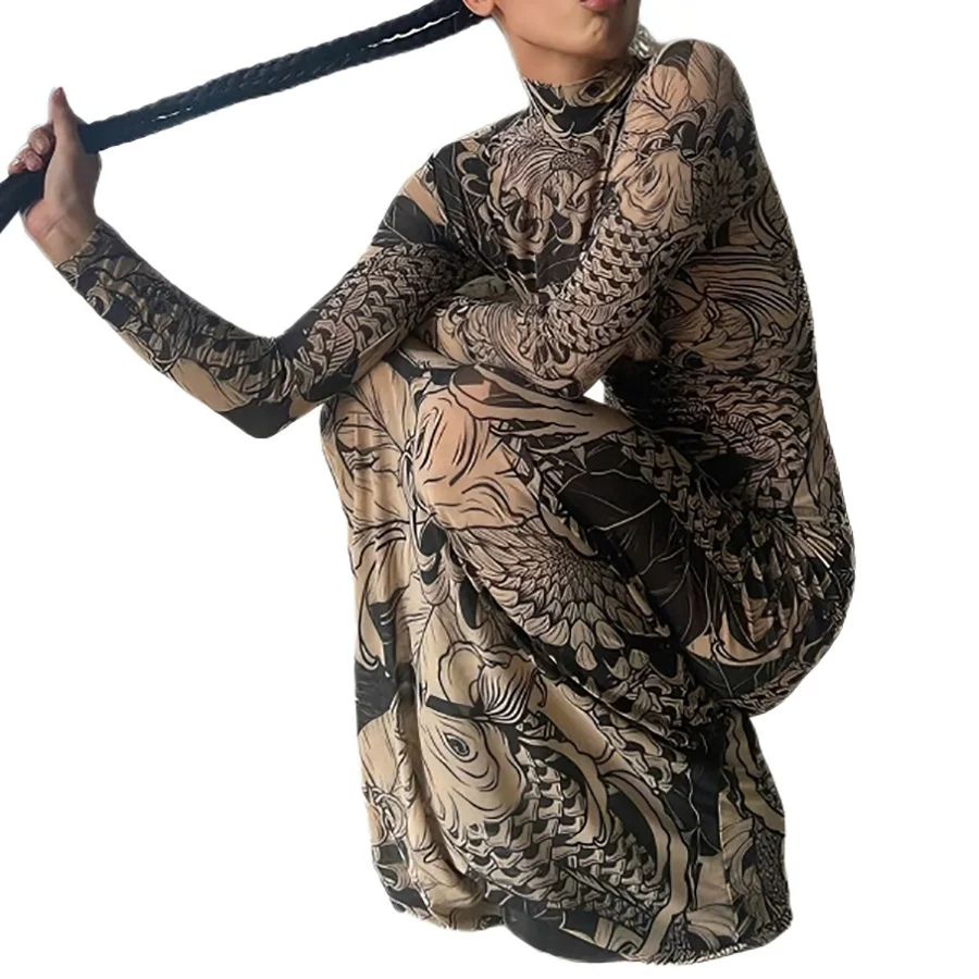 Y2K Tattoo Print Maxi Dress Women Mesh Sheer Bodycon Long Sleeve Turtleneck Koi Fish Floral Party Club Dress - view 6