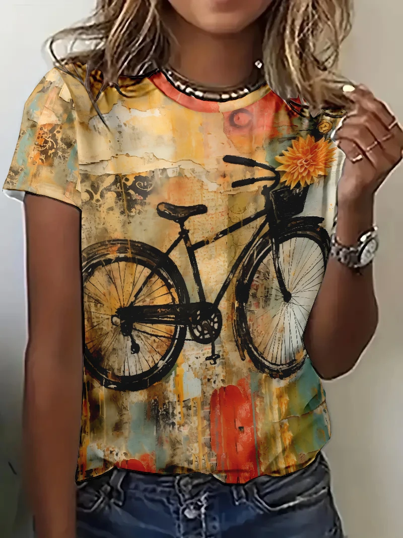 

Retro Bicycle Pattern Women T Shirts 2024 New Summer Girls Tops Vintage Casual O-Neck Short Sleeve 3D Printed Ladies Tees Shirts