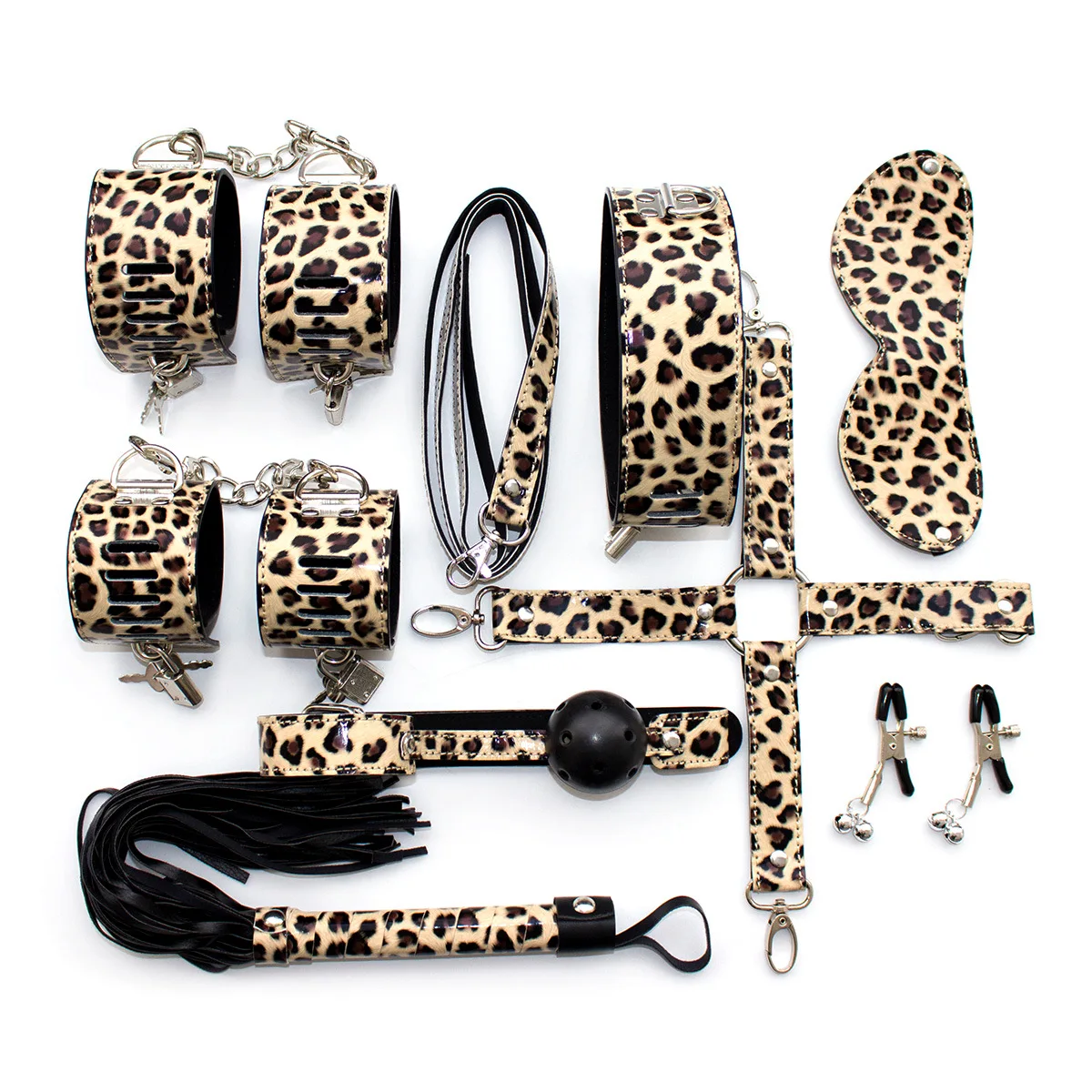 

Couples sex toys hand and foot bondage props adult products leather handcuffs leopard print 10-piece set sex SM flirting toys