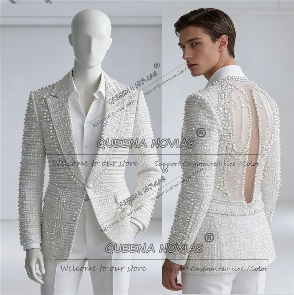 

Brilliant Jewelry Stones Beaded Suits Men Exclusive Design Jacket Pants 2 Piece Groom Banquet Tuxedos Customized Ropa Hombre