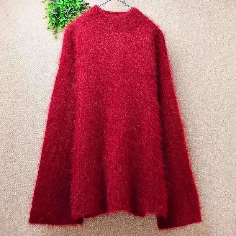 สุภาพสตรีผู้หญิงฤดูใบไม้ร่วงฤดูหนาวเสื้อผ้าลาย Hairy Angora กระต่ายผมถัก O-คอยาวแขนยาวหลวมเสื้อกันหนาว