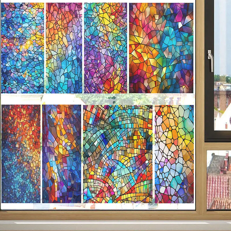 Retro Church Stained Glass Film Frosted Window Sticker Opaque Colorful Painting Art Privacy Stickers Bathroom Office Home Decor