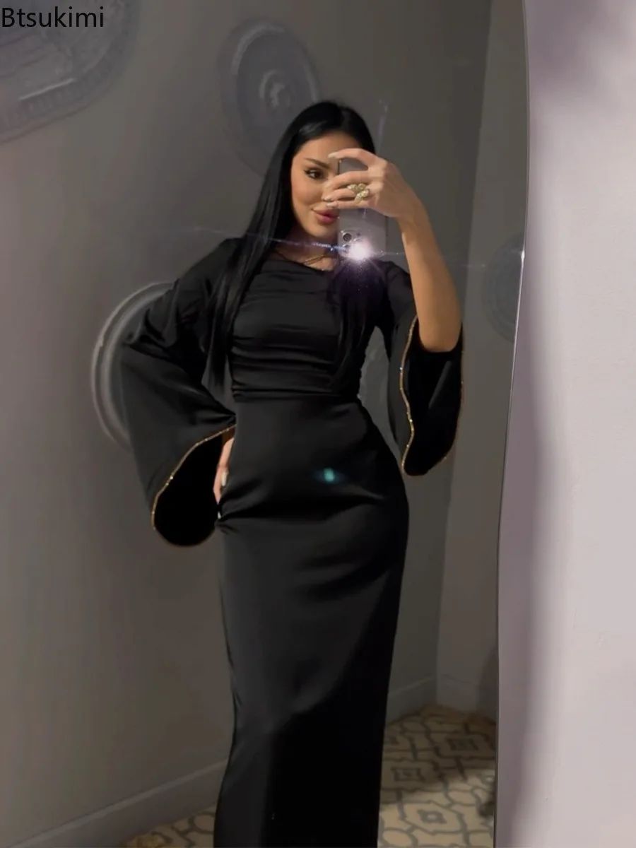 2025年 エレガントなレディース サテン マキシドレス 長袖 スクエアネック バンテージ ボディコン イブニングドレス ファッション レディース パーティー ベスティダオス 新作