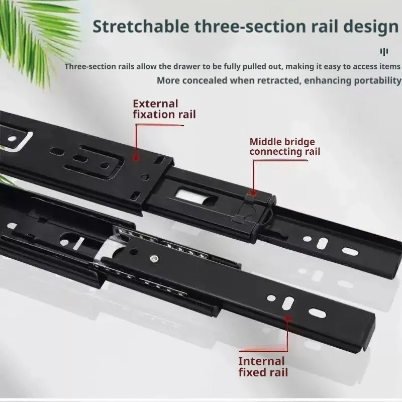 Three Section Mute Drawer Slides Robust Pulley Guide Rail Hardware Accessories for Wardrobe Keyboard Tray