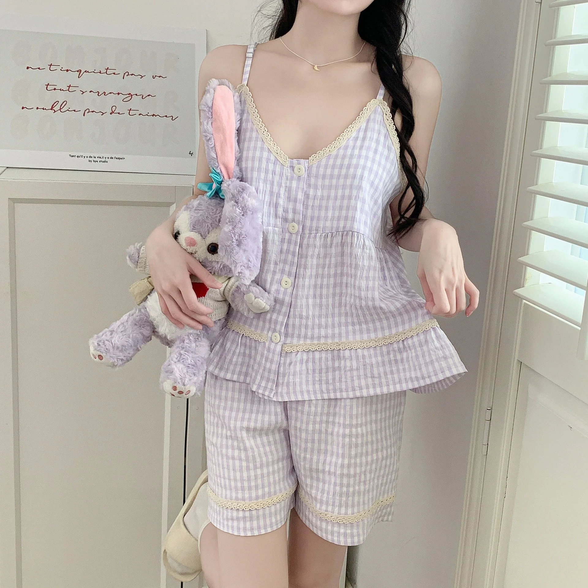 

Classic Plaid Lace Strap Spwear Women's Sle Summer New Sexy with Chest Pad High-End Feeling Home Clothes Two-Piece Set