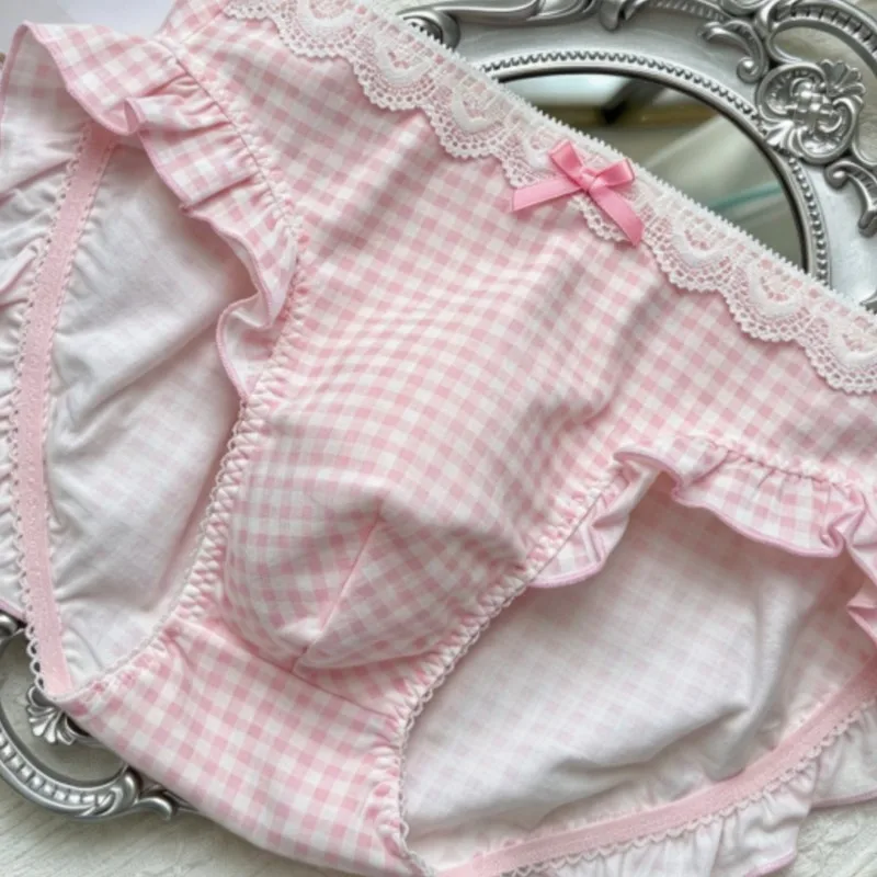Men's Cute Pink Plaid Low Waist Convex Pouch Briefs Crossdressing Sweet Ruffle Knot Underwear Soft Breathable Cotton Panties