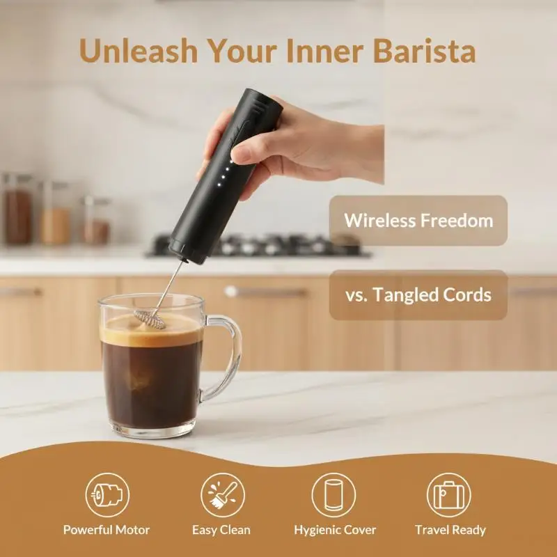 Wireless Electric Milk Frother Dustproof Cover One Button Operation Fast Foaming for Daily Coffee Making Home Use