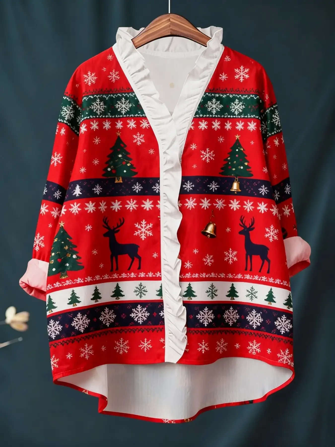 Women's Christmas digital printed long sleeved shirt with ruffled collar, loose fit, versatile 