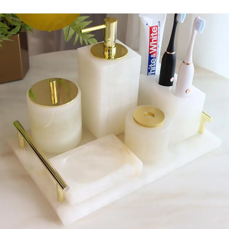 

Nordic Bathroom Toiletry Set Natural Marble Liquid Soap Dispenser Mouth Cup Cotton Swab Box Dish Tray Washing Tools