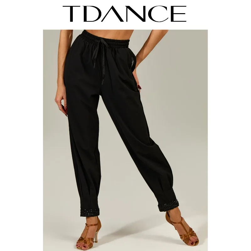 Customized TDANCE Latin Sequin Elastic Drawstring Sports Pants Carrot Pants with Tapered Legs Teacher Quick Drying Fabric GL-245