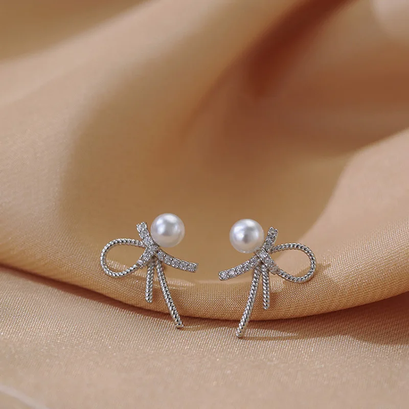 Real Money Korean 925 Sterling Silver Bownot Pearl Stud Earrings for Women S925 Wedding Party Jewelry Gift Aretes De Mujer