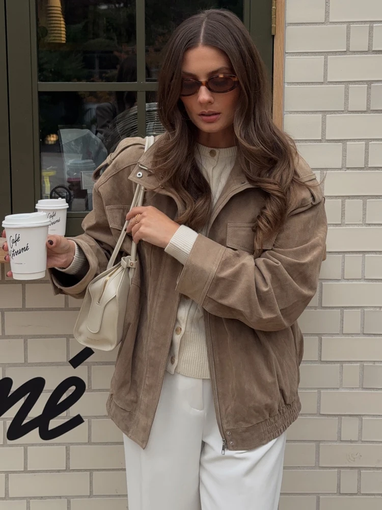 HH خمر فضفاض الصلبة سترات من جلد الغزال 2026 ربيع المرأة موضة سستة Bomber جاكيتات طويلة الأكمام التلبيب معطف الشارع أبلى