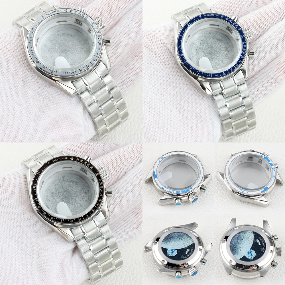 40mm VK63 Watch Case Blue/Silver Bezel Solid Stainless Steel 20mm Width Bracelet for Chronograph VK63 VK64 Movement 32.5mm Dial