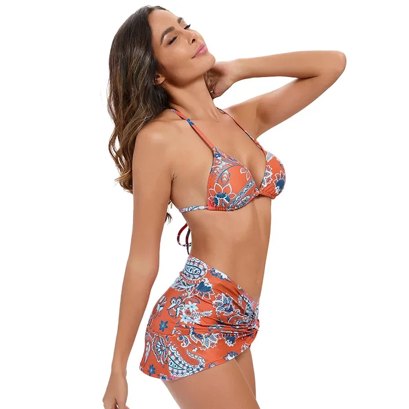 Driehoekige bikiniset met paisley bloemenprint voor dames 3-delige sexy badmode met bijpassend cover-up badpak dames