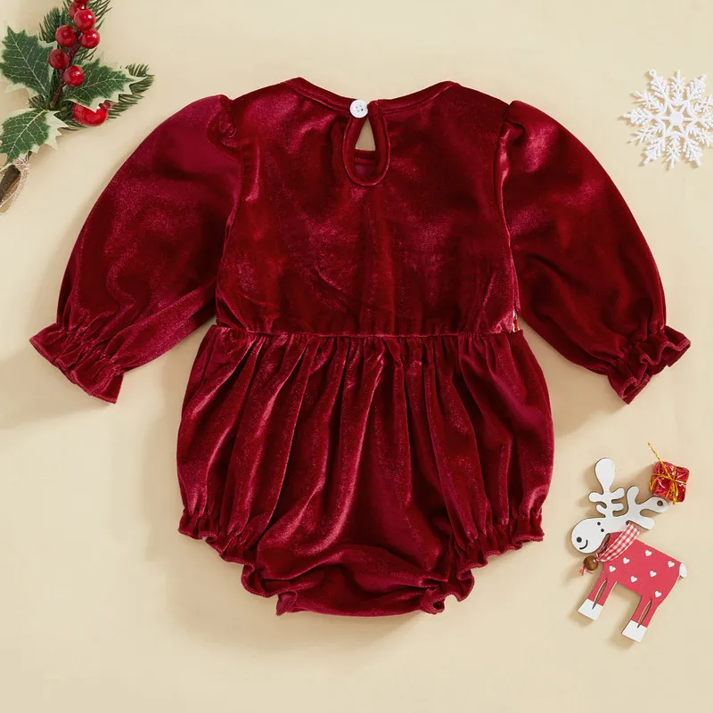 RUEWEY 0 to 18 Months Baby Girls Christmas Bodysuit Long Sleeve Crewneck Santa Claus Embroidery Jumpsuit Baby Clothing