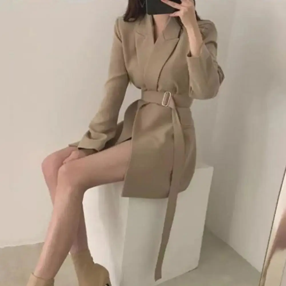 Women Suit Coat Elegant Lapel Suit Coat with Belt Side Pockets for Women Solid Color Loose Fit Office Lady Outwear for Women